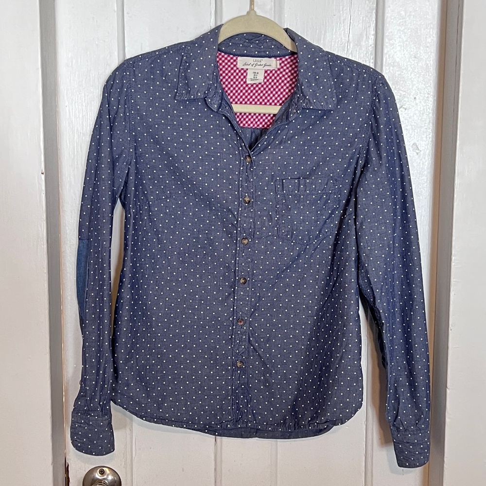 H&M polka dot chambray Oxford with elbow patches, women’s size 8